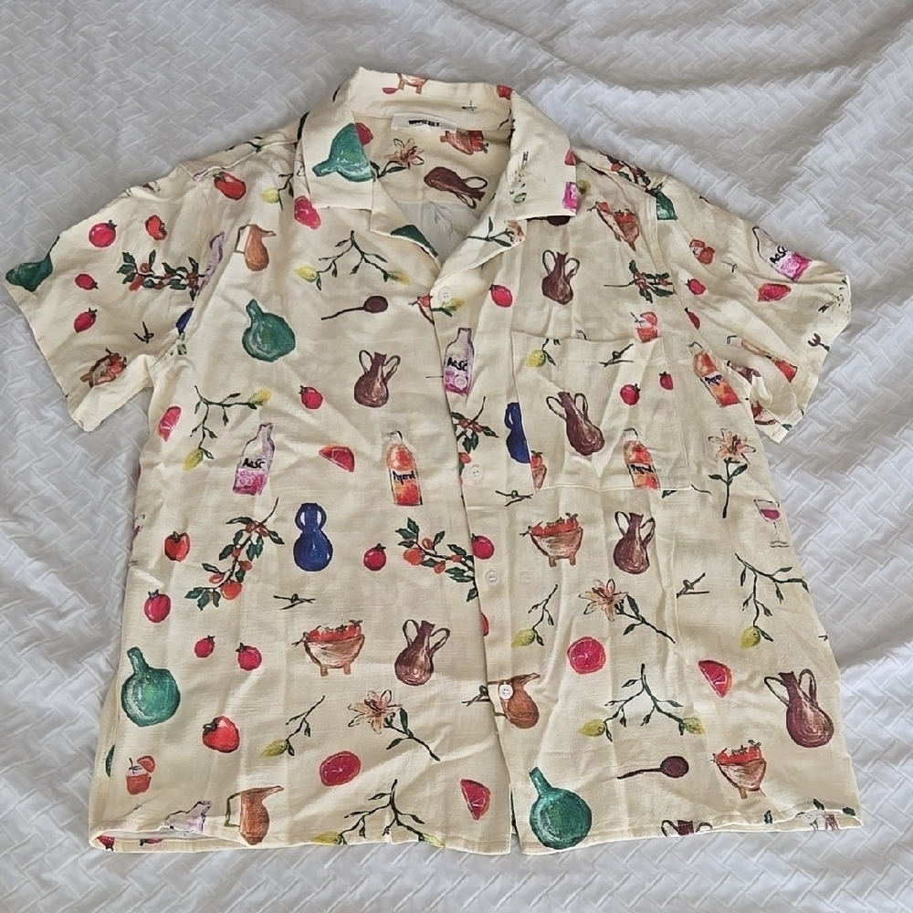 Men's Butter Yellow Novelty Print Linen Blend Short Sleeves Shirt